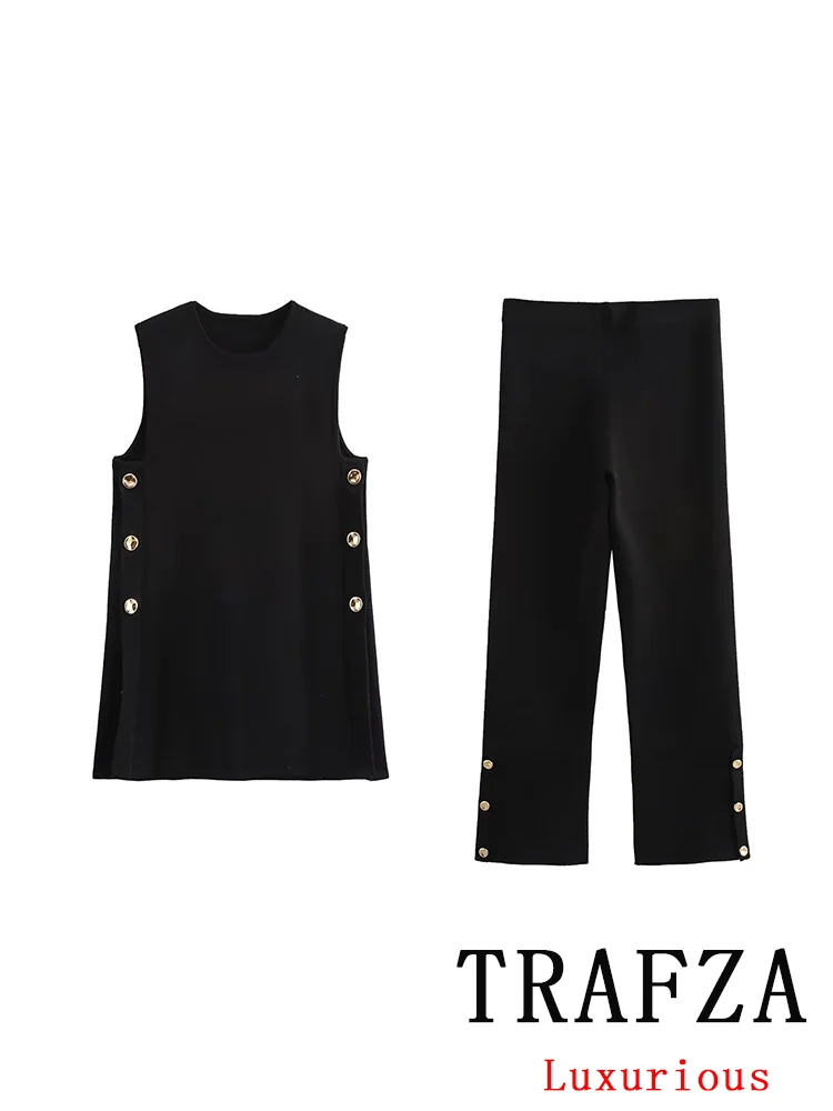 TRAFZA Vintage Casual Chic Women Suit Solid Knitted Side Button Sleeveless O-Neck Top Loose Pants New Fashion 2024 Autumn Sets