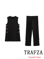 TRAFZA Vintage Casual Chic Women Suit Solid Knitted Side Button Sleeveless O-Neck Top Loose Pants New Fashion 2024 Autumn Sets