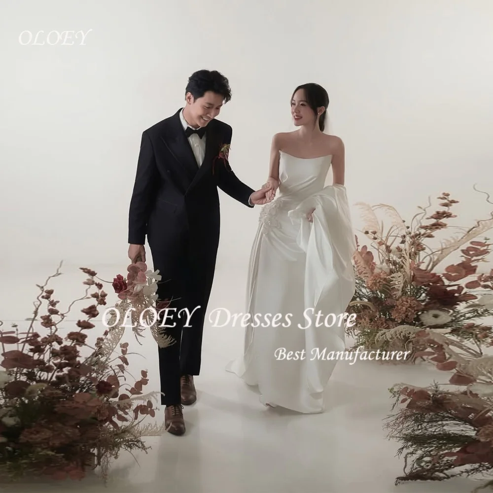 OLOEY シンプルなソフトサテンアイボリーのウェディングドレス A ラインストラップレス韓国写真撮影ブライダルガウン花嫁ドレスカスタマイズ 신상원피스