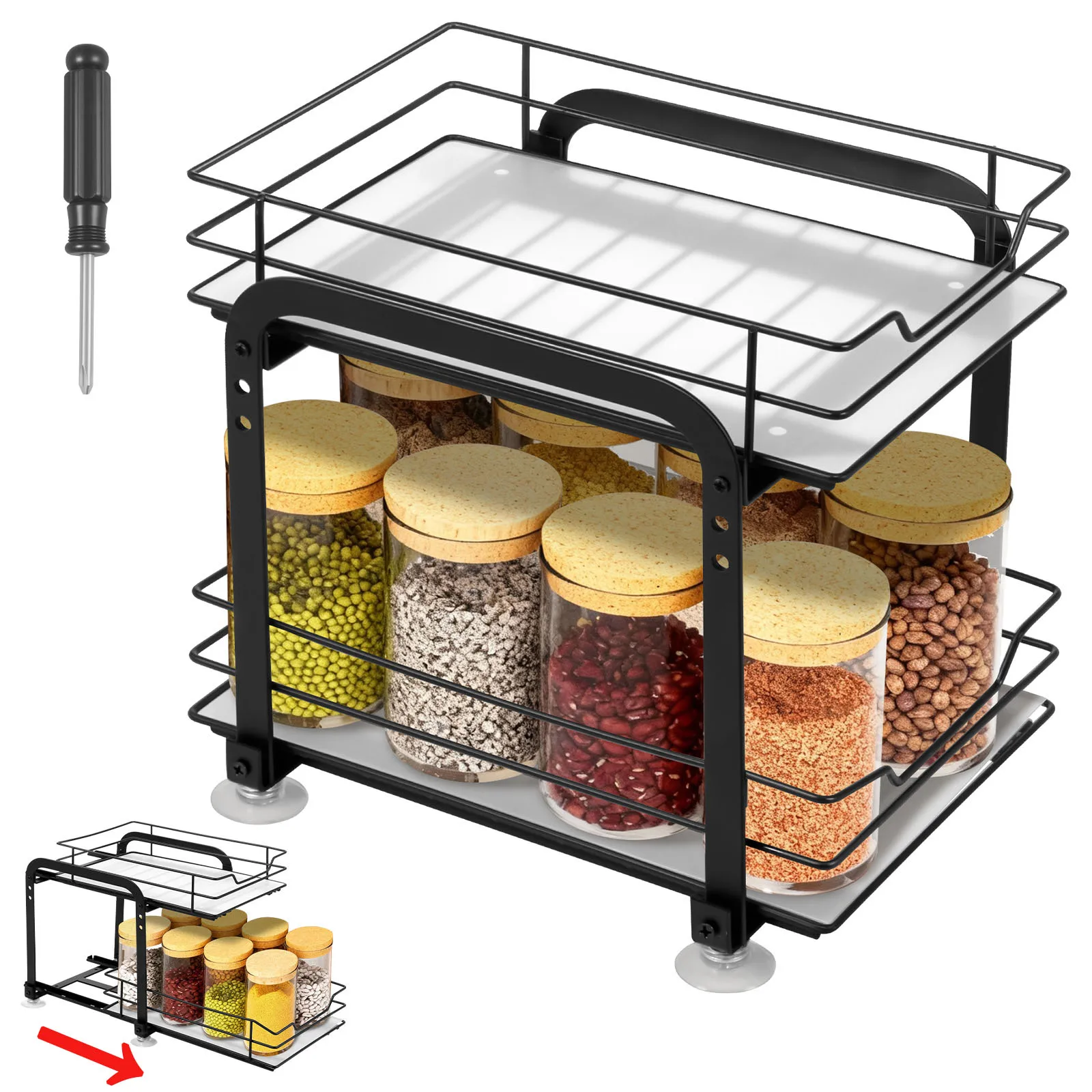 

Двухуровневая выдвижная подставка для специй, органайзер для кухонной столешницы, регулируемая выдвижная корзина для хранения, многофункциональный ящик для хранения