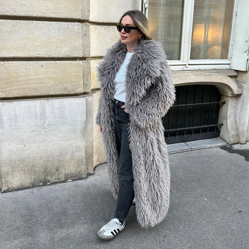 Women's Gray Textured Fluffy Faux Fur Maxi Coat Edgy Glamorous Warm Winter Outerwear 2026