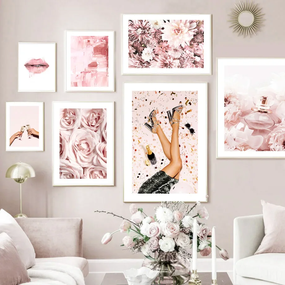 Nordic Poster Pink Scent Lips Orchid Roses Party Champagne Toast Wall Art Print Canvas Painting Pictures For Living Room Decor