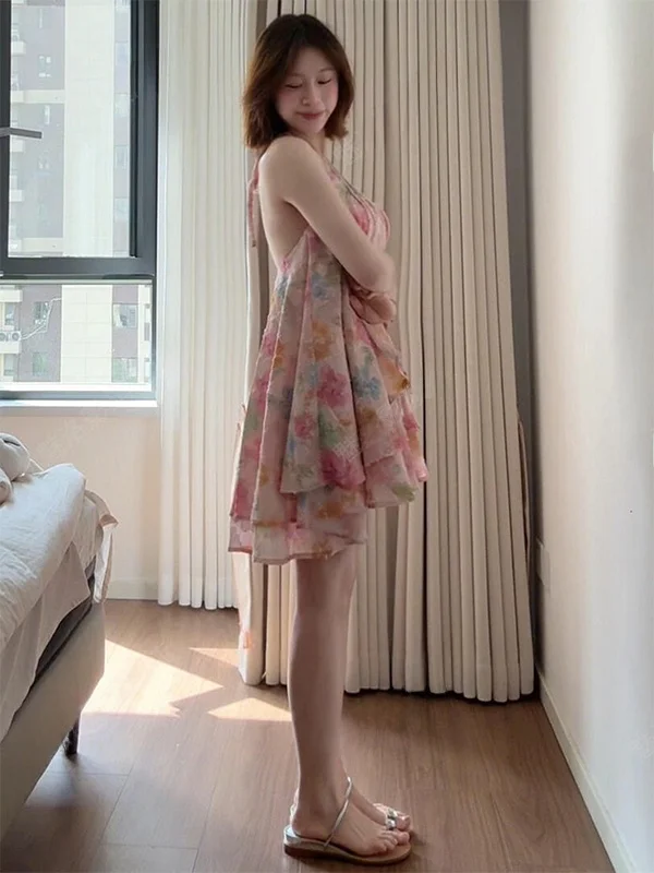 Backless Neckline Oil Painting Dress Floral Gradient Beach Vacation New Style Simple Skirt High Waist Polyester Fiber Spring ...
