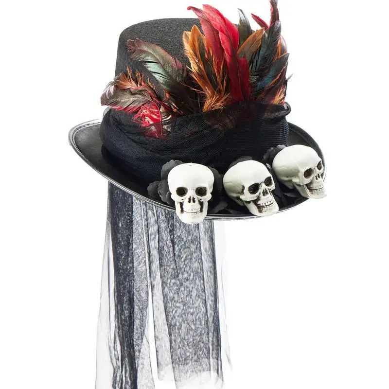 Gothic Steampunk Hat Gothic Steampunk Top Hat With Skulls Feathers Black Mesh Halloween Women Men Headpiece Costume Cosplay For