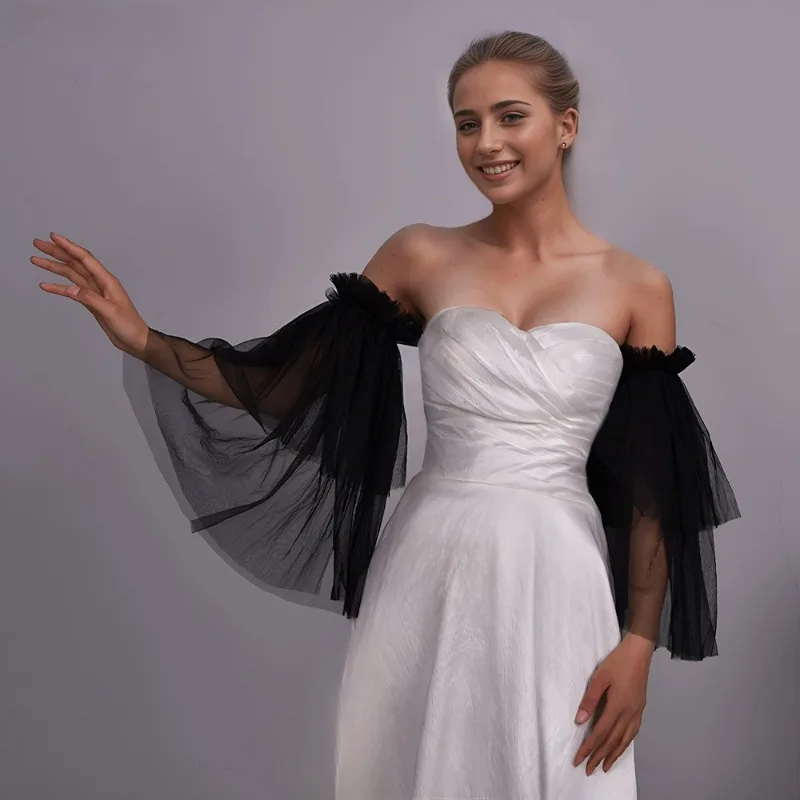 

Черное свадебное платье с рукавами, свадебное марлевое платье с пышными рукавами MM20