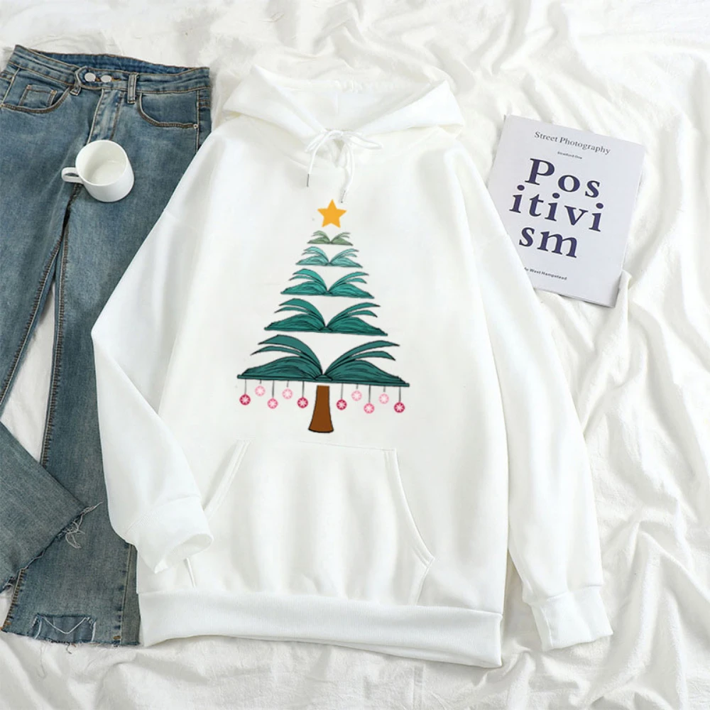 

Autumn and Winter Warm Long-sleeved Sweatshirt Merry Christmas Christmas Tree Gift Book Hoodie Love Reading Couple Hoodie