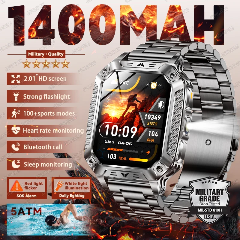 

Новые смарт-часы для активного отдыха 2026 года: аккумулятор 1400 мАч, экран 2,01 дюйма, фонарик, водонепроницаемость 5ATM, Bluetooth-звонки, военный дизайн