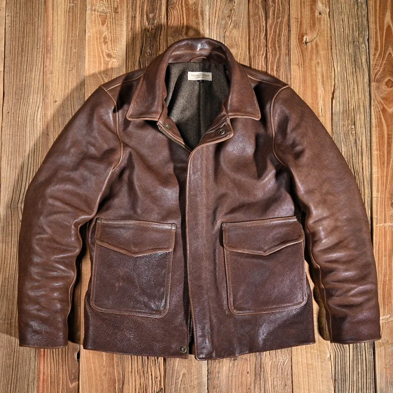 Real Leather Jacket Men Vintage Cowhide Coat Heavyweight Retro Old Gun Men's Full Vegetable Tanned Full Grain Jacket Plus Size F