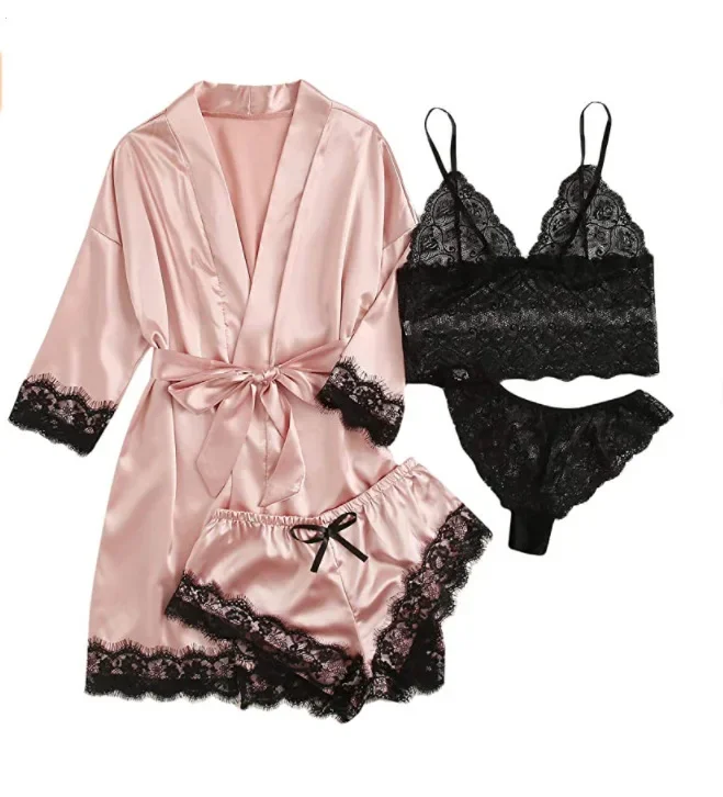 New 4pcs/set Home Clothes Fashion Robe Sleep Women Pajamas Skirt Nightwear Lace Satin with Silk Sleepwear Robe Sexy Pajama Pants