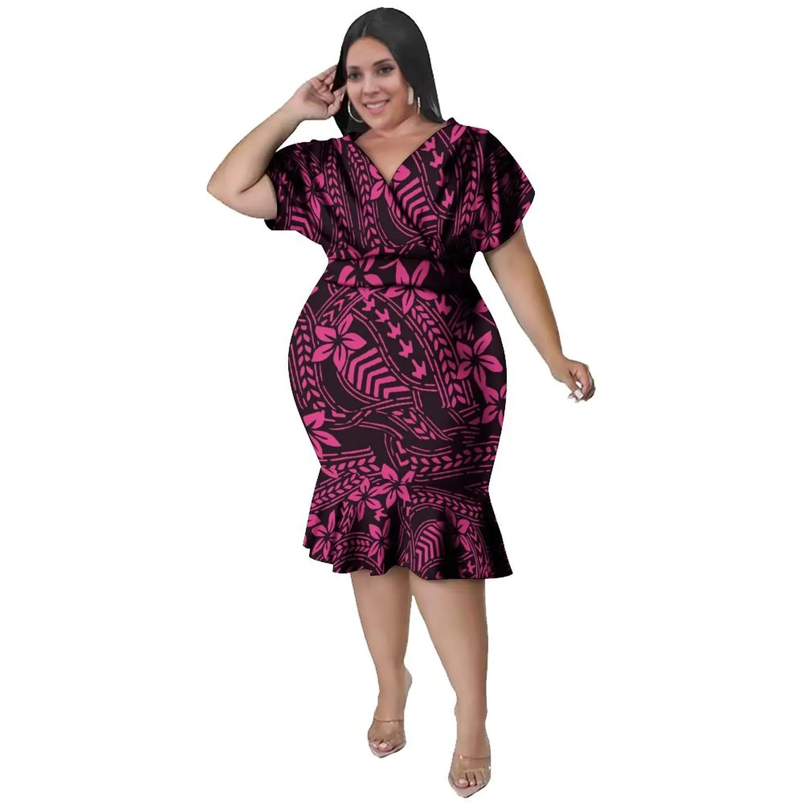 Vestido de vaina con cuello en V para mujer, estampado Vintage personalizado de islas polinesias, traje de pareja de fiesta Samoan, camisa a juego para hombre