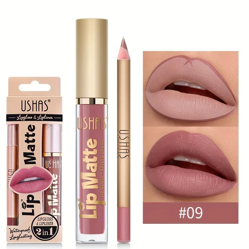 USHAS 12-Farben-Lipliner + Lippenstift-Set, einfach zu färbender, mattierter Lippenstift, langlebiger nackter roter Lippenstift, langanhaltendes Kosmetik-Make-up