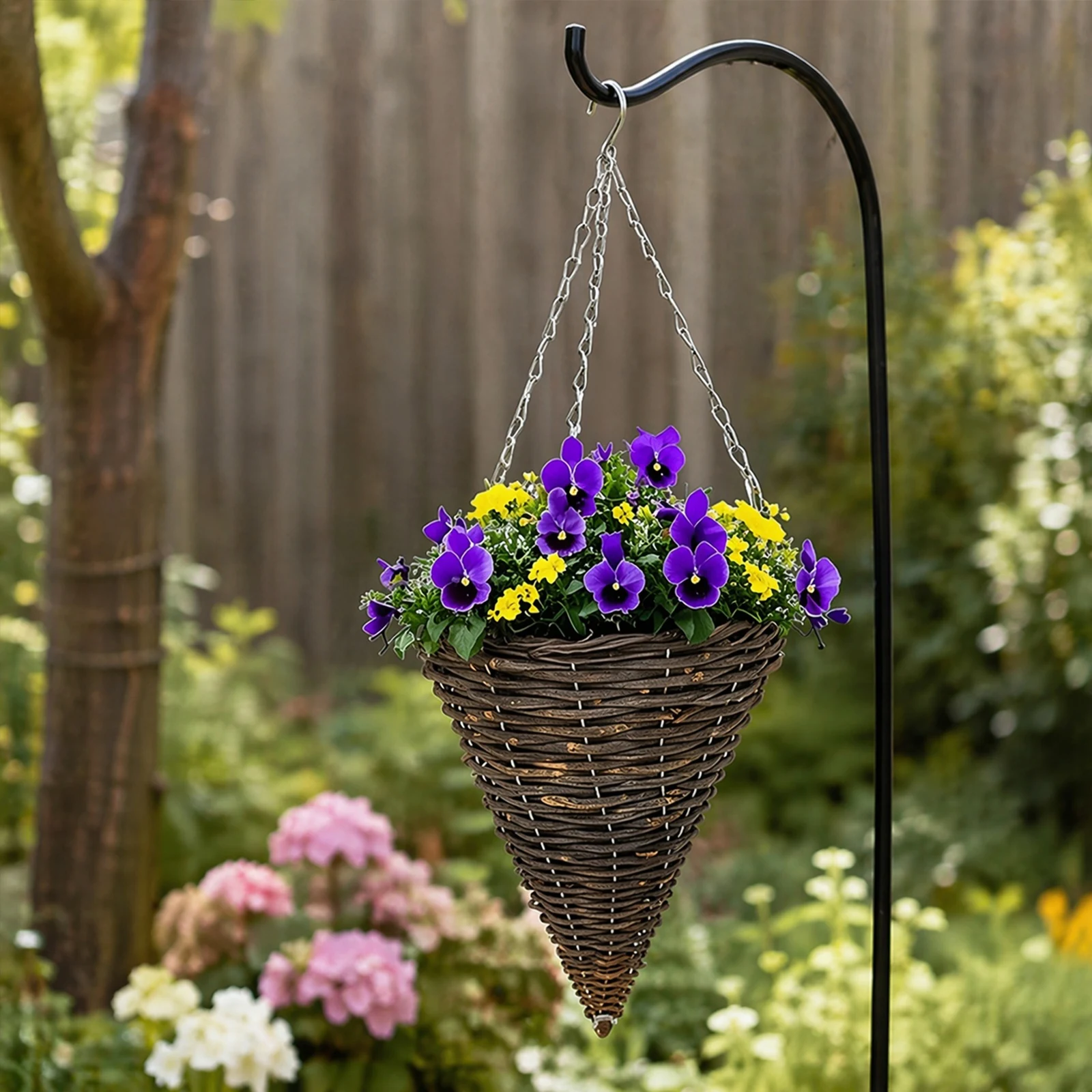 2Pcs Cone Shaped Hanging Basket with Chain Hook and Plastic Liner Rattan Woven Planter Cone Shape Flower Pot for Indoor Outdoor
