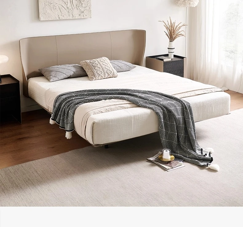 Saddle leather suspension bed Italian minimalist light luxury ultra-thin bedside master bed