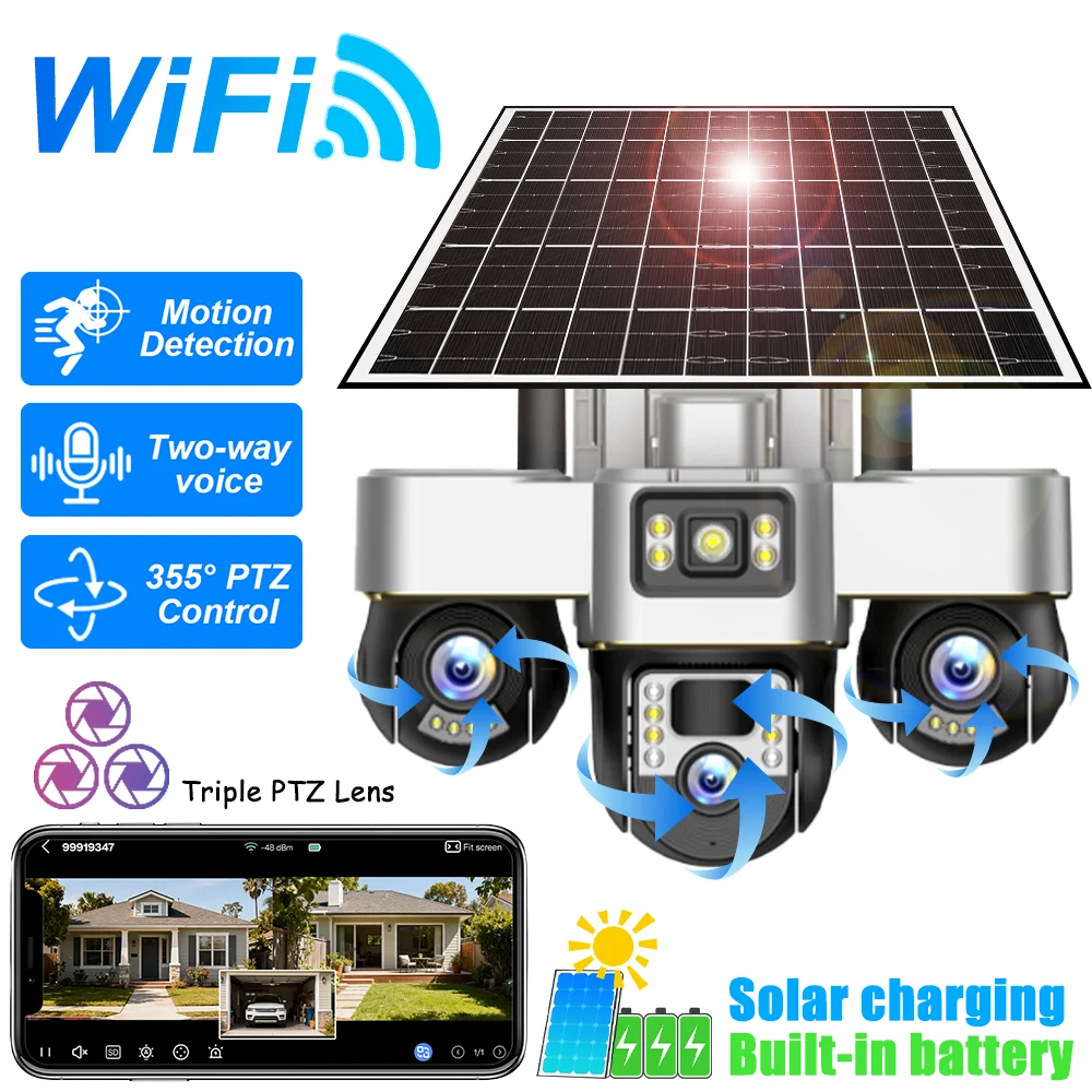 

WiFi Solar Camera Outdoor Triple Lens 3 Screen Triple-PTZ Linkage Security Protection Dual Battery Waterproof CCTV Surveillance