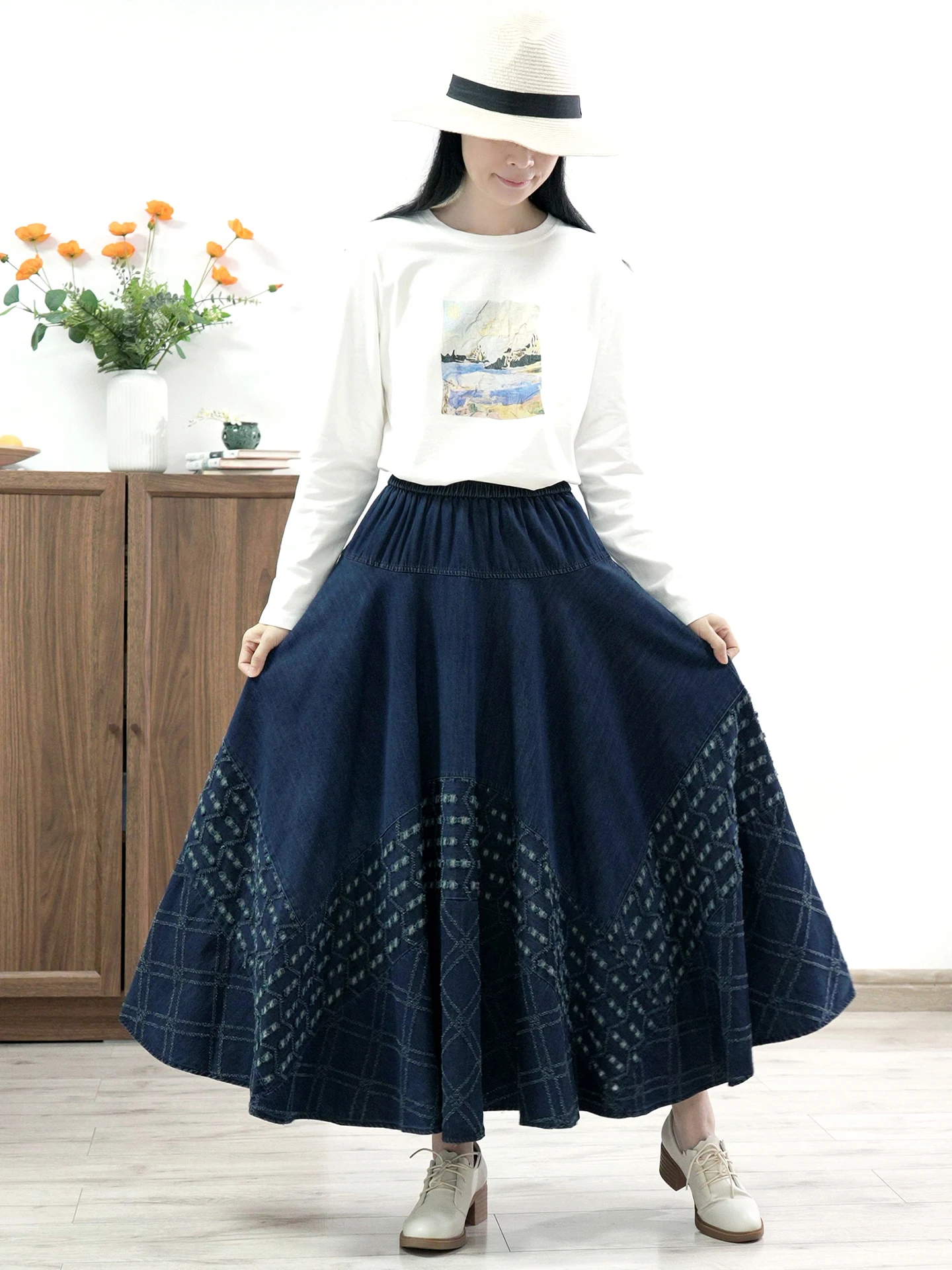 

TIYIHAILEY длинные макси женские с эластичной резинкой на талии зима-осень джинсовая юбка женские трапециевидные лоскутные толстые джинсы поношенная техника