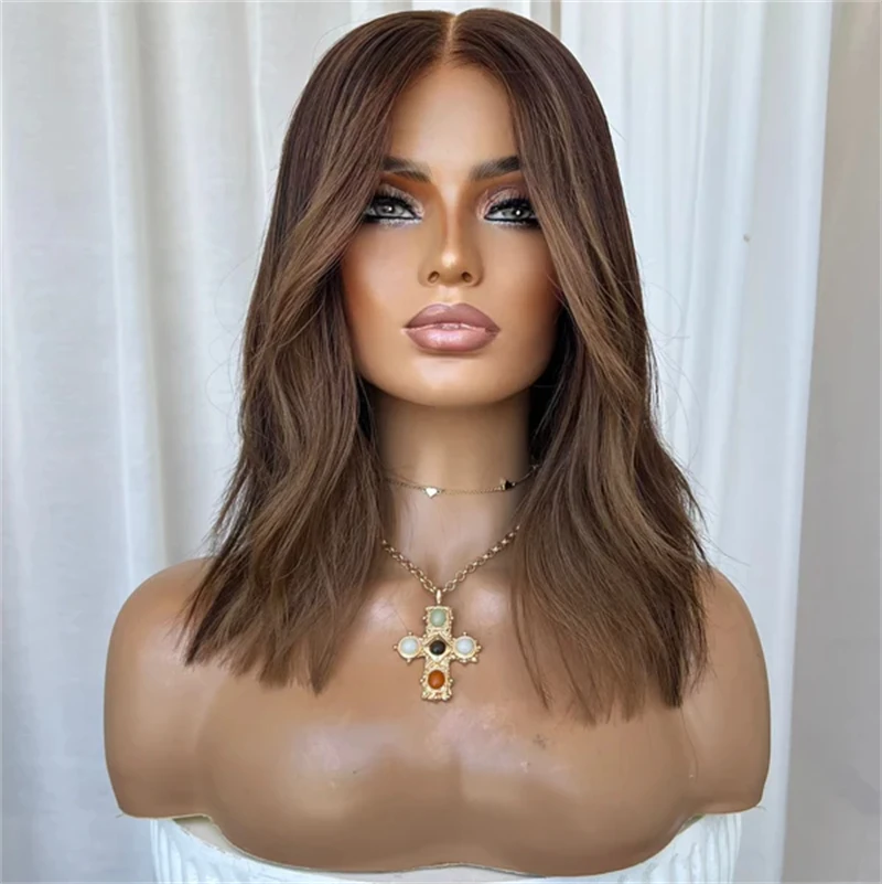 12 Inch Short Wave Bob Synthetic Premium Fibre Wig Ombre Soft Dark Brown HD Invisible Lace Front Wig Heat Resistant Fiber Wig