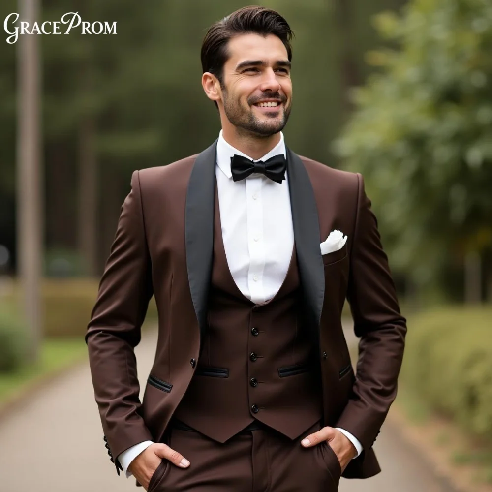 Stylish Brown 3PCS  Mens Wedding Tuxedo Tailored Fit Black Peak Lapel Formal Suit Set Plus Size For Banquet And Ceremony Events