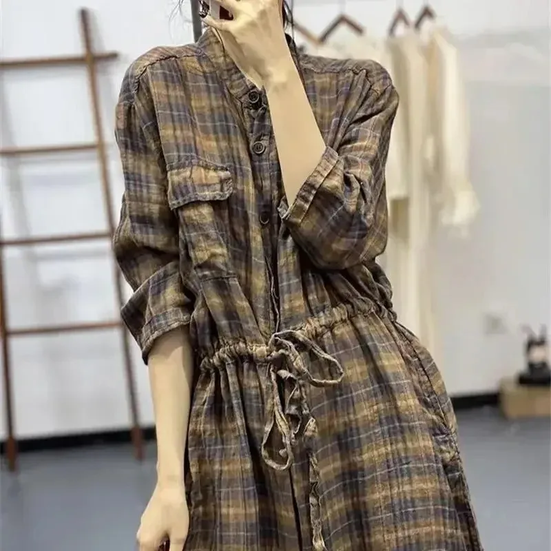 2025 ฤดูใบไม้ผลิใหม่กึ่งCardigan Jumpsuitผู้หญิงออกแบบสายรัดเอวJumpsuitsลายสก๊อตผ้าลินินStreetwear Retroผู้หญิงJumpsuits