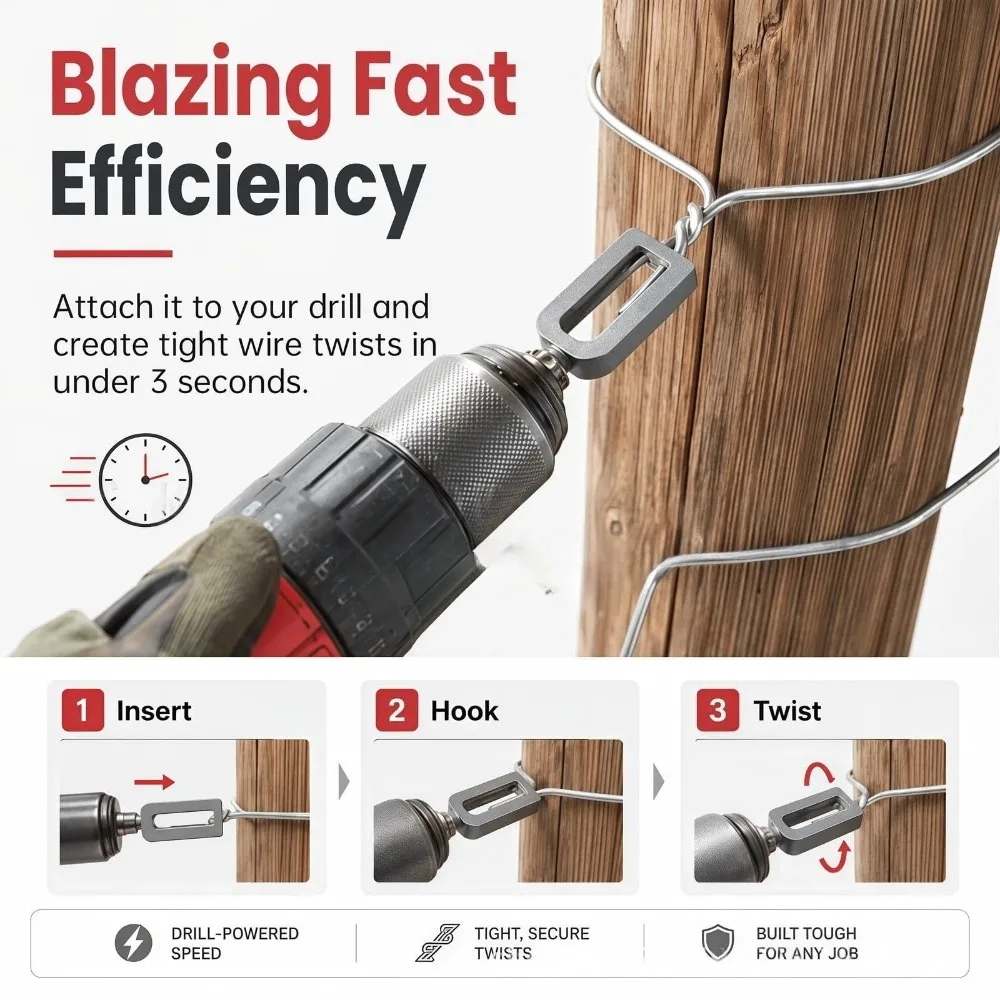 Fence Wire Twister Drill Attachment Heavy Duty Wire Tying Tool for Electric Drill Chain Link Fence Construction and Agricultural