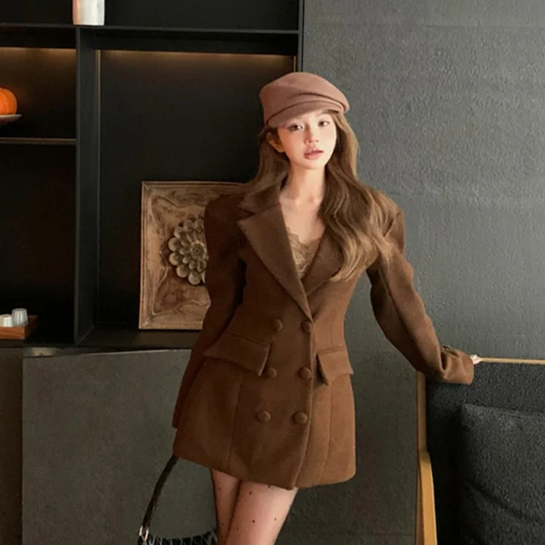 

Утягивающий винтажный осенне-зимний Новое поступление, женский твидовый костюм, юбка, пальто, корейский длинный свек, двубортный, средней длины