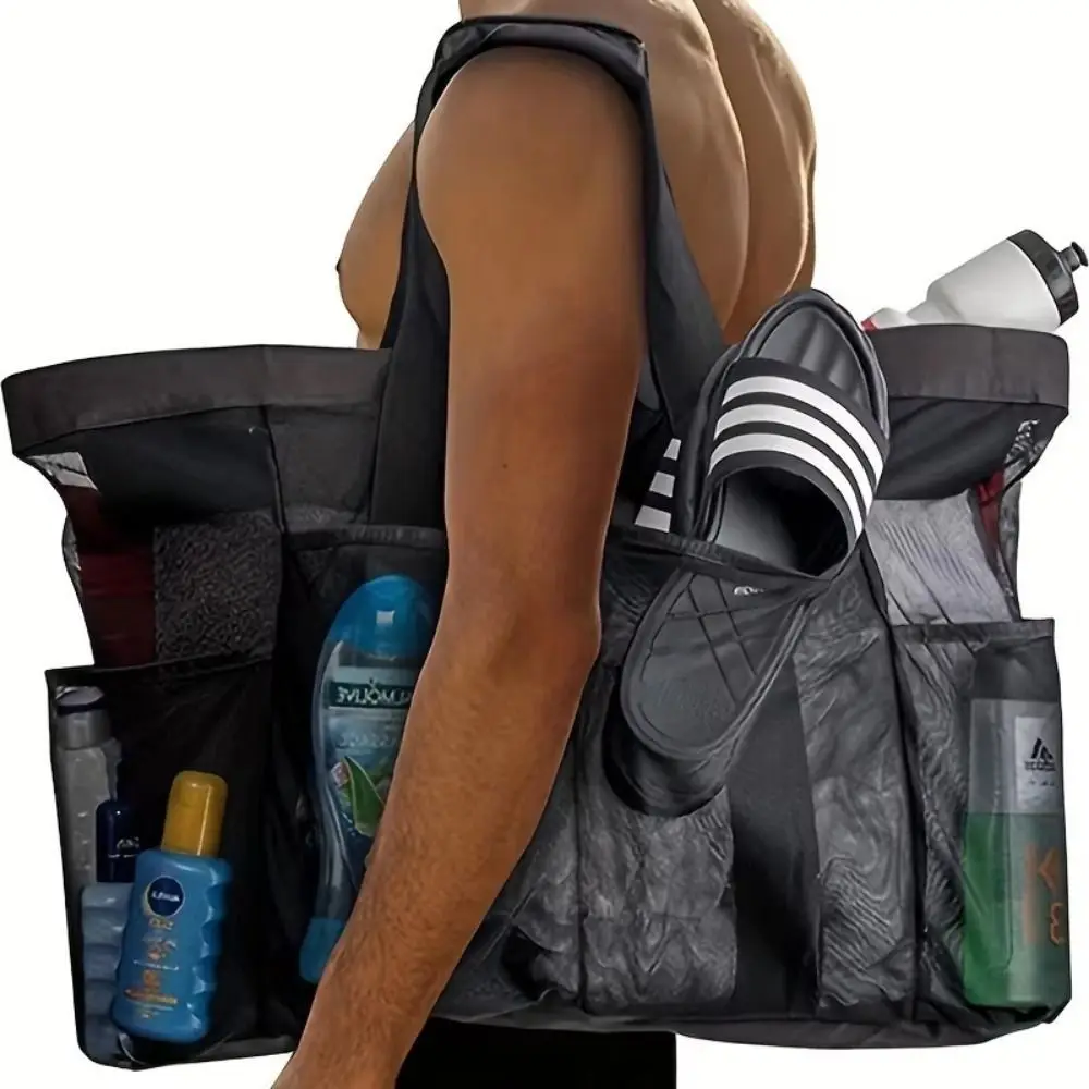 

Large-Capacity Mesh Beach Handbag Snaps Drawstring Travel Wash Tote Bag with Handle Multi-purpose Portable Bath Storage Bag