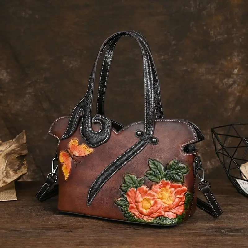 Floral Genuine Leather Women Purse Handbag Vintage Cowhide Tote Bag Ladies Shopping Shoulder Bag Crossbody Bag