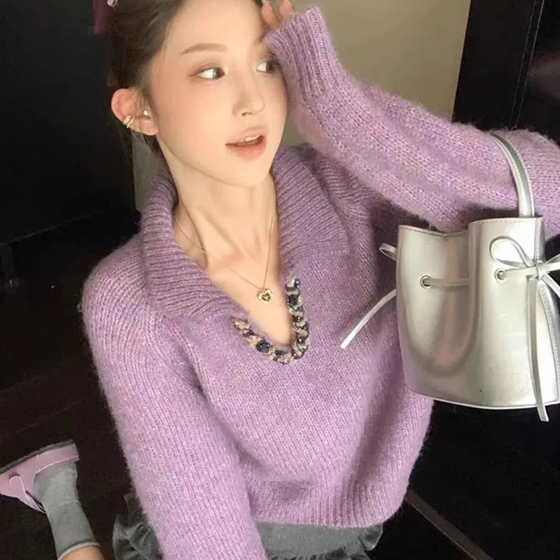 

Фиолетовый вязаный укороченный свитер с v-образным вырезом, женские милые свободные французские пуловеры с ленивым ветром, повседневные мягкие джемперы с длинными рукавами с небольшим ароматом, новинка