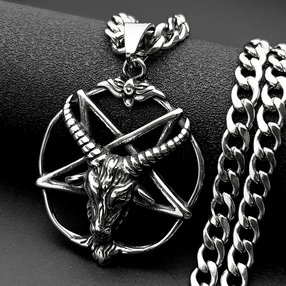 Gothic Skull Goat Pentagram 316L Stainless Steel Pendant Necklace for Women Men Silver Color Inverted Star Jewelry Amulet Gift
