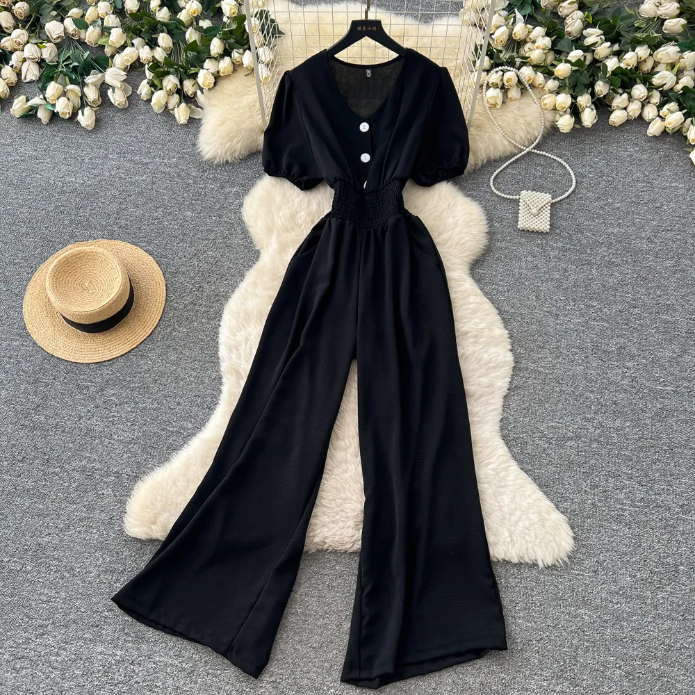 Vintage Burgundy V-Neck Rompers Womens Jumpsuit Elastic High Waist Wide Leg Pants With Pockets Textured Flowy Office Outfits
