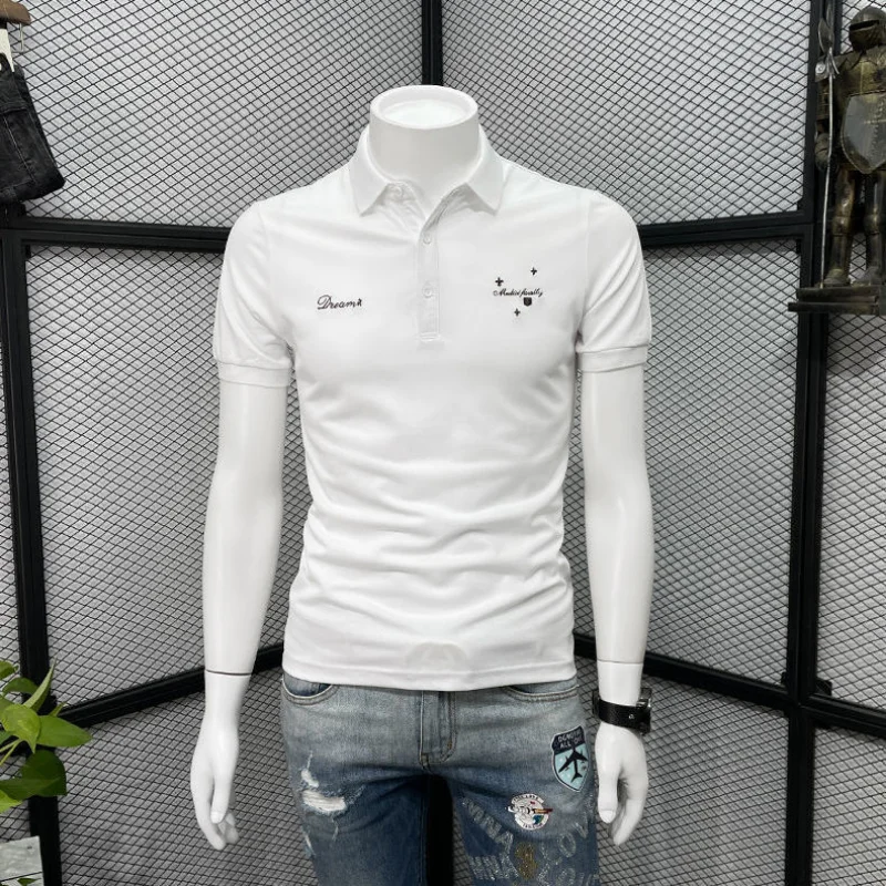 Male Polo T Shirts Skinny Top Embroidery Black Slim Fit White Clothing With Collar Tee Shirt for Men Streetwear New In Print S