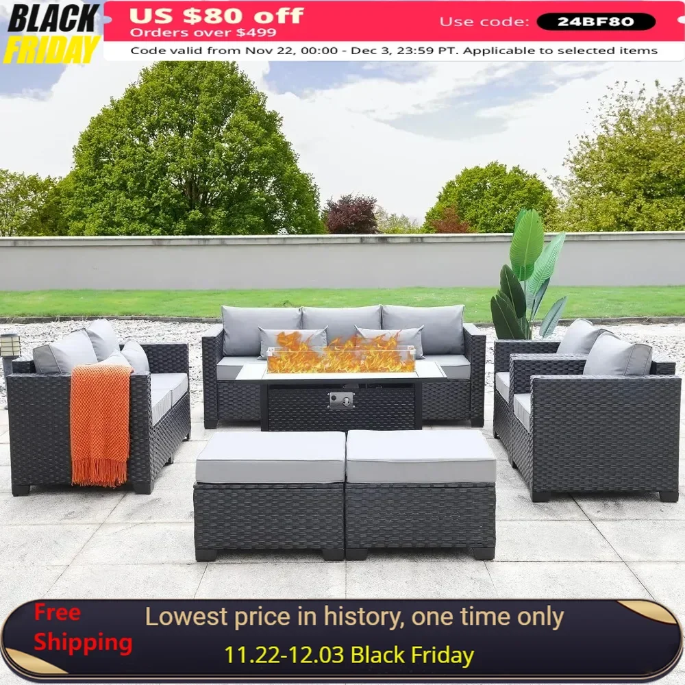 Garden Furniture Set 7 PCS, Garden Fire Pit Table Patio Sets, No-Slip Cushions and Waterproof Covers, Gardens Furniture Set