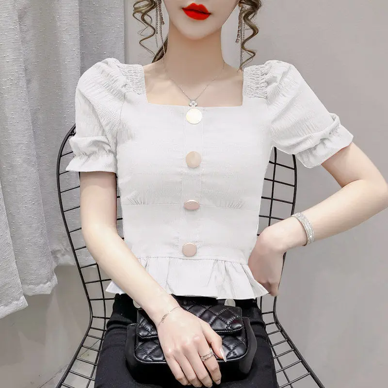 

Fashion Puff Sleeve Solid Color Folds Ruffles Button Blouse 2022 Summer New Chic Tops Sweet Female Clothing Commute Shirt