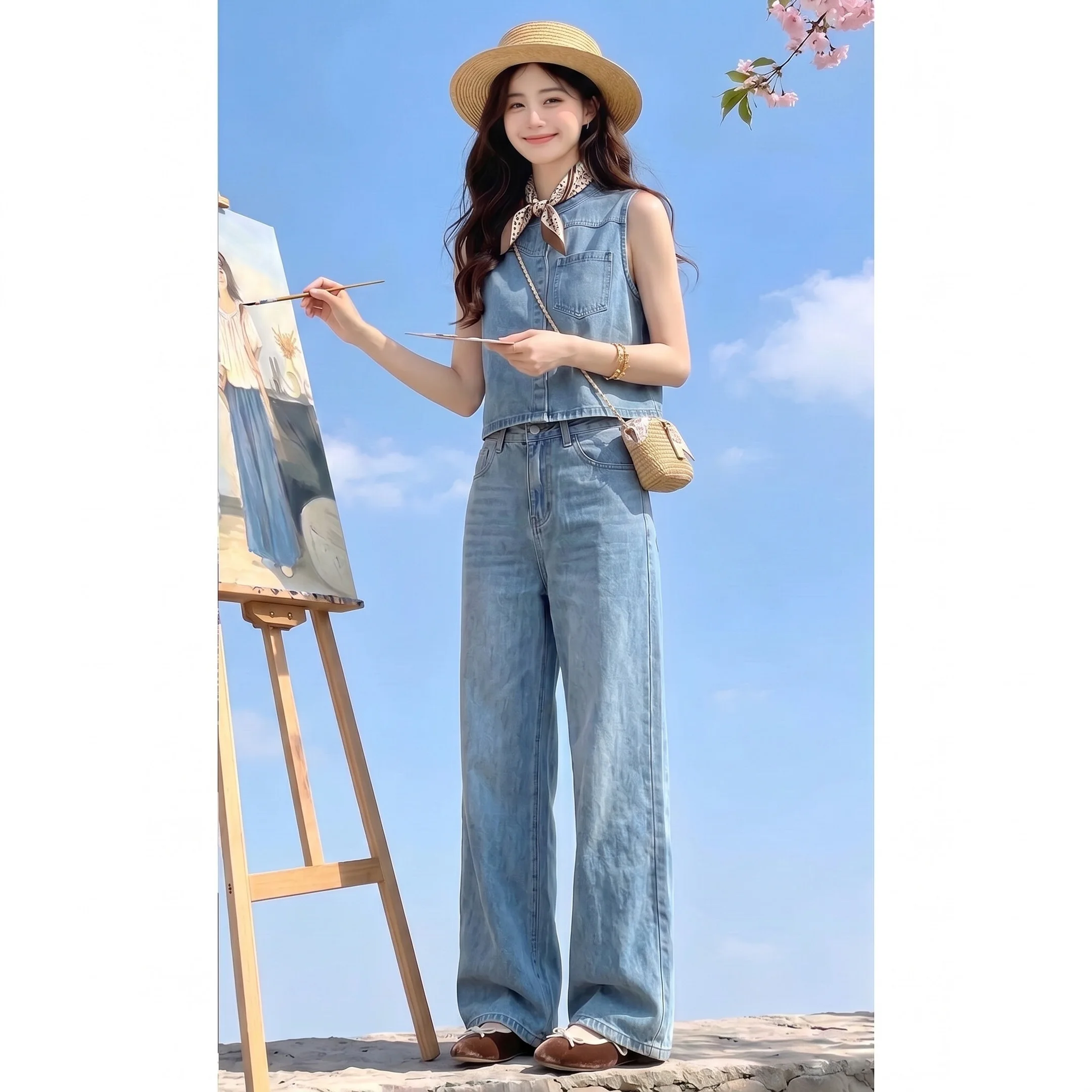 Retro American Denim Set Women Summer New Sleeveless Vest High Waist Cover Hip Wide Leg Pants Two Piece Set Trendy