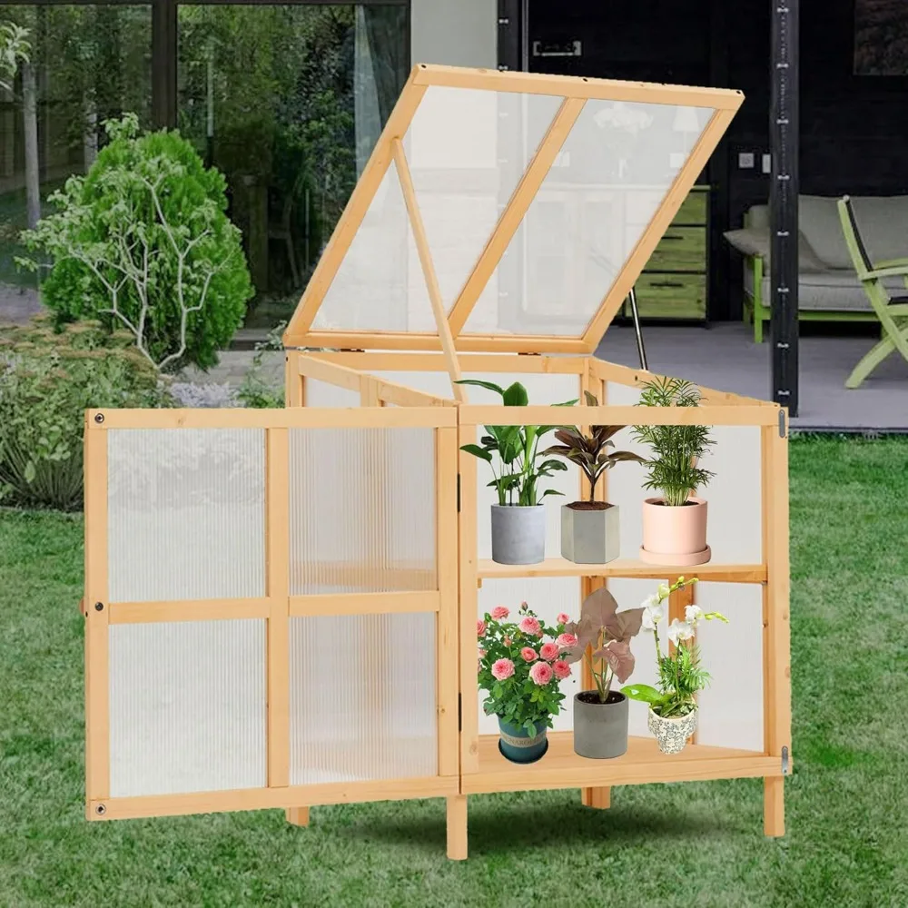 

Wooden Cooling Bed Greenhouse, Small Portable Greenhouse Cabinet with Transparent Panel and Double Doors