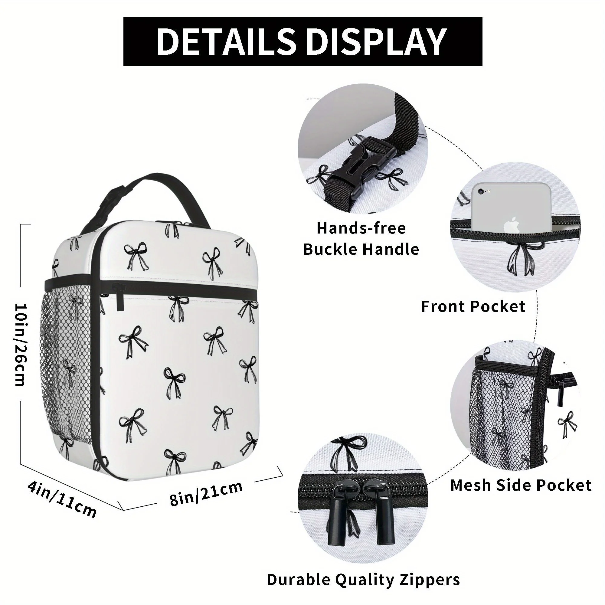 Hand-Drawn Bow Print Insulated Thermal Bag - Reusable, Portable, No-Food Contact, Ideal for Home, Office, Restaurant Use