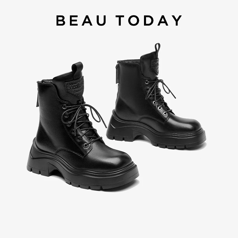 BEAUTODAY Ankle Boots Women Genuine Cow Leather Solid Color Punk Style Motocycle Short Plush Winter Ladies Shoes Handmade 03A56