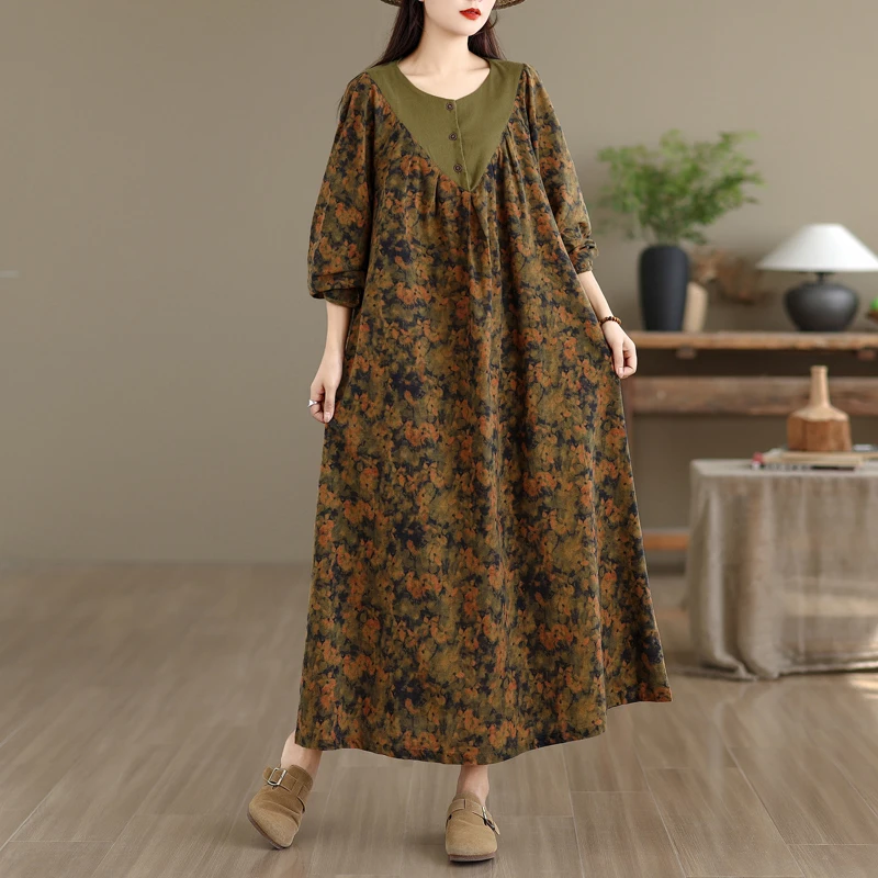 

Ele Cotton Linen Spring Autumn Floral Print Loose Mommy Dr Youthful Ethnic Sle High Waist A-Line Skirt Long Sve