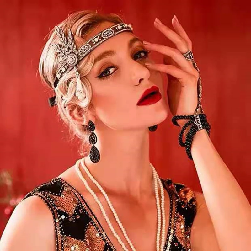 Great Gatsby Crystal Beaded Headband, Ring and Pearl Bracelet Set, 1920 Flapper Girl Party Rhinestone Headpiece with Tassel