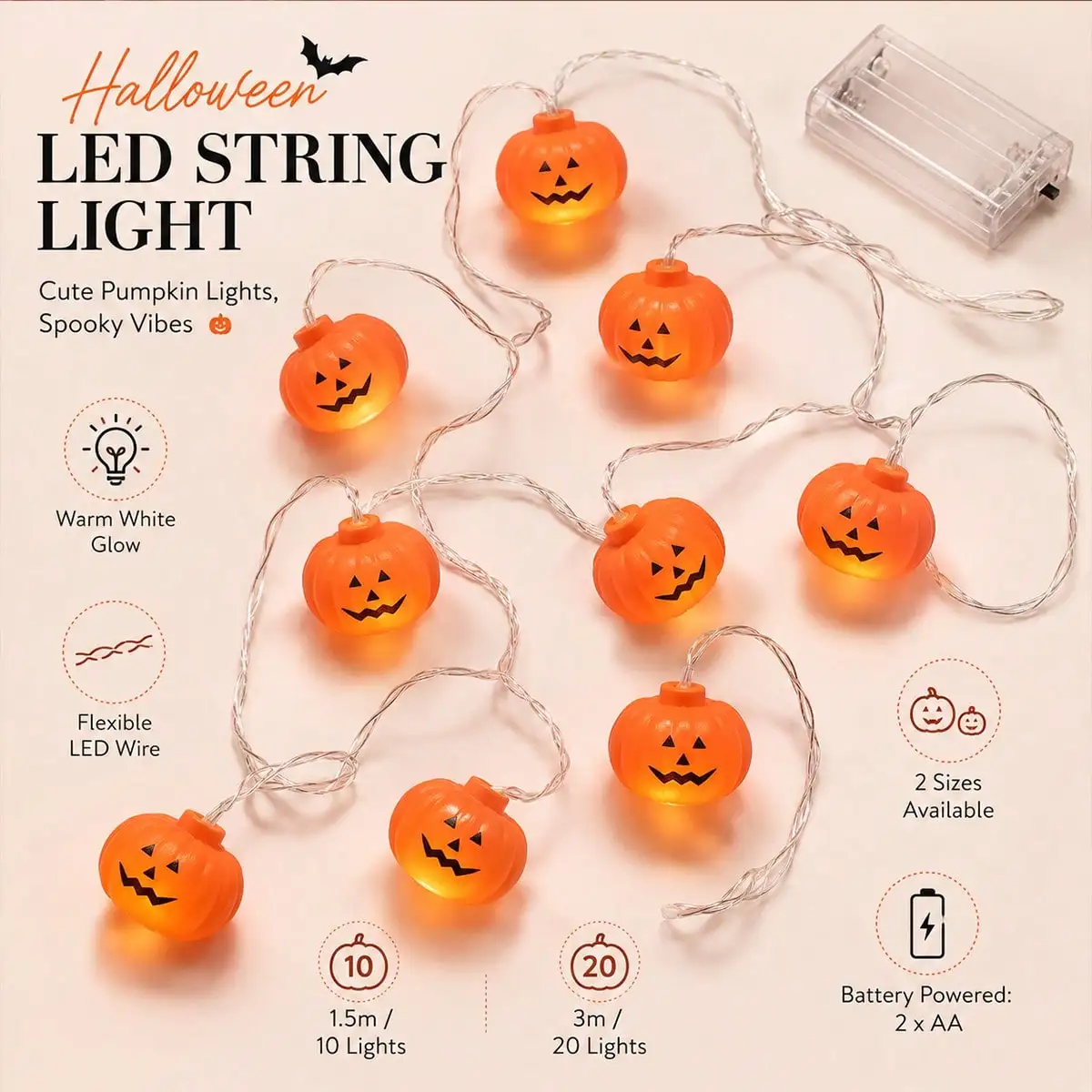 1PC 10/20LED Mini Pumpkin Light Outdoor Holiday Fairy String Lights Ideal For Outdoor Porch Garden Halloween Haunted House Decor