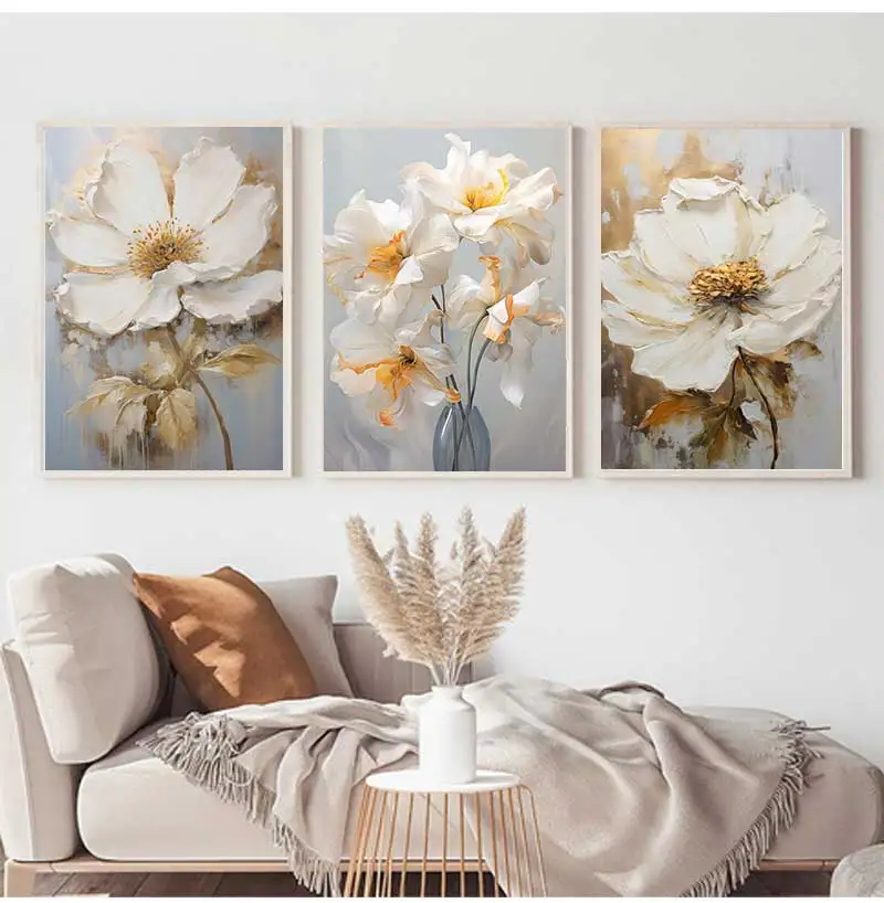 Abstract White Gold Flowers Canvas Modern Nordic Plant Posters And Prints Wall Art Pictures For Living Room Home Decor