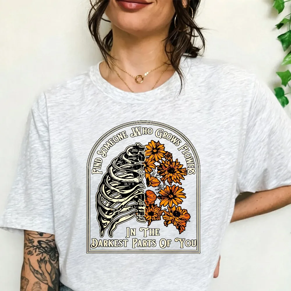 Vintage Ribcage Sunflower Print Tshirt Darkest Parts of You Quote Graphic Short Sleeve Casual Weekend Reading Daily Wear Tee
