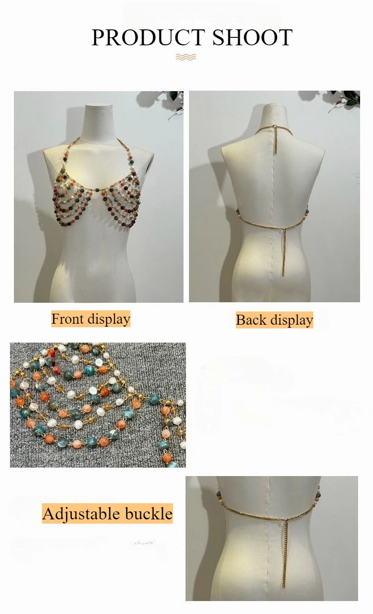 2025 Nuova catena di perline sexy europea e americana Perline colorate Halter Sling Vest Pettorale Catena per il corpo Accessori per reggiseno