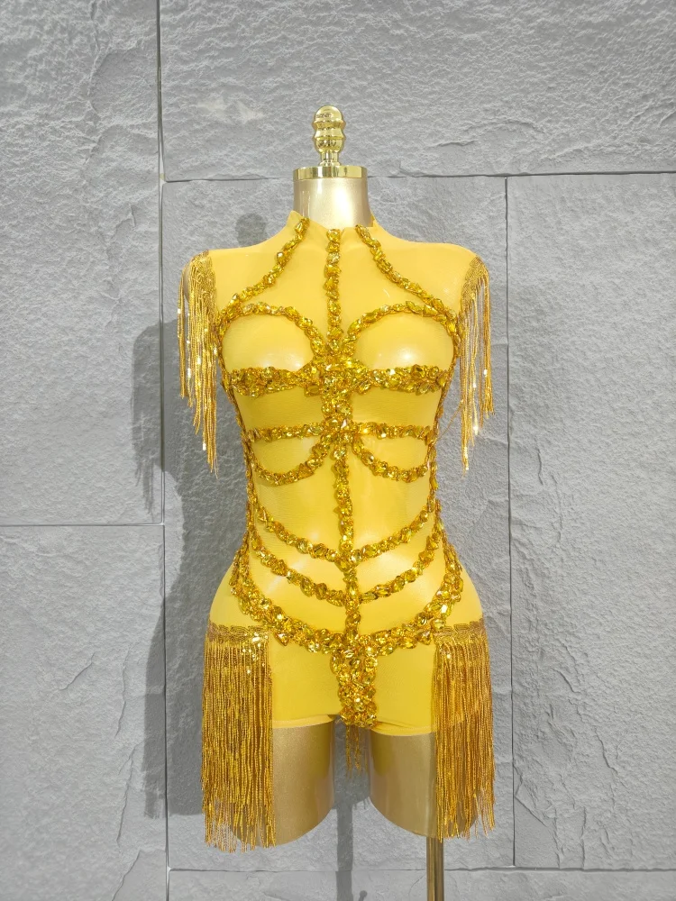 

2025 New Yellow Rhinestone Sexy Mesh See Through Bodysuit Women Celebrate Birthday Party NightClub Singer Dancer Stage Wear