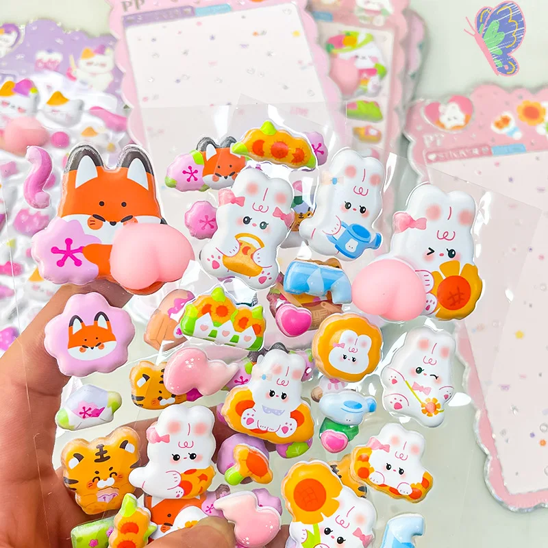 1/2/3/4/5Pcs Creative DIY 3D Soft Cute Butt Children's Cartoon Stickers Squeeze Animals Adorable Bunny Bear Stereo Bubble Decals