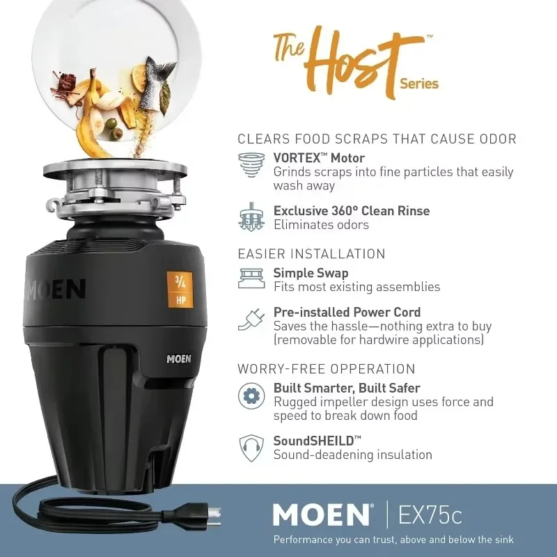 Moen Black EX Series Host Series 3/4 Horsepower Improved Installation Garbage Disposal, EX75C