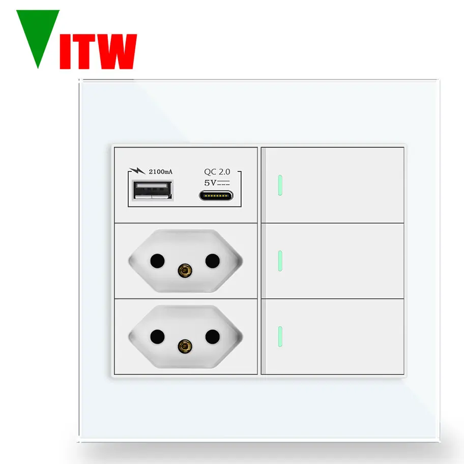 

Vitw Brazil Standard Power 10A Socket AC 110V~250V with 120x120mm Glass Panel Type C USB And 3 Gang Wall Lamp Switch