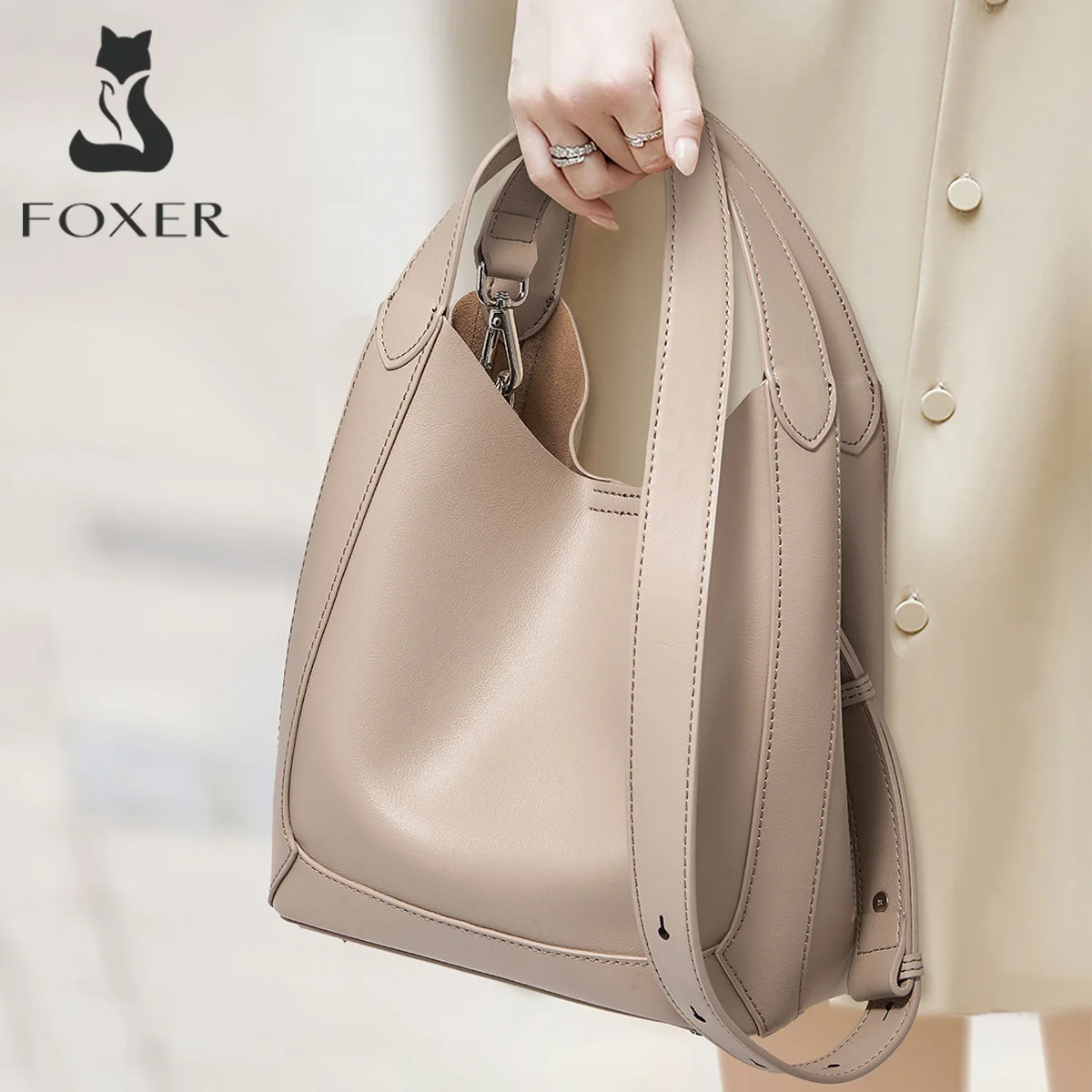 

FOXER Lady's Shoulder Bag Split Leather High Quality Elegant Women's Handbag Solid Fashion Handbag Commute Bucket Bag