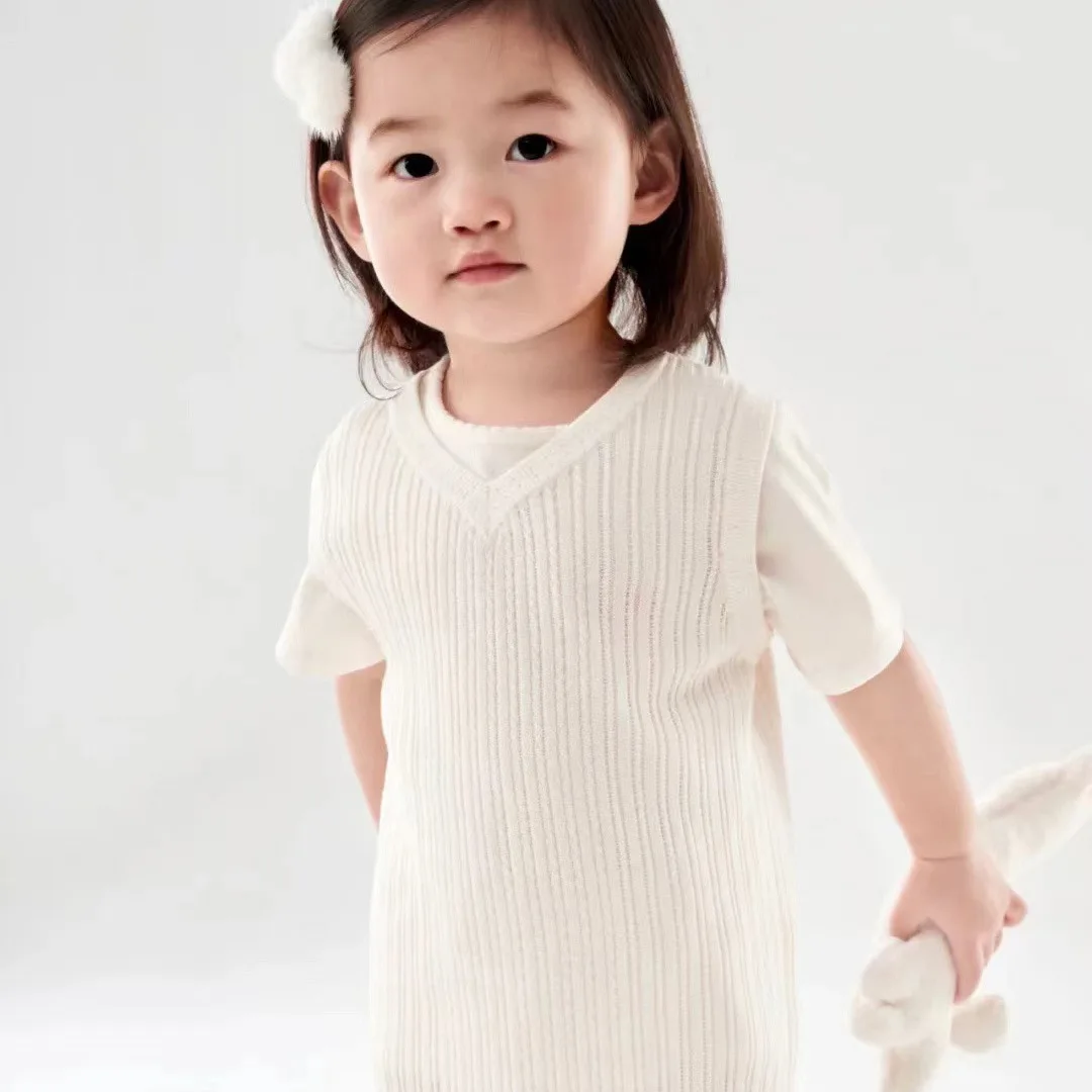 Silk Cotton Cool Vest Dress for Infants and Young Children Ultra-thin V-neck Knitted Dress for Summer Sleeveless and Simple