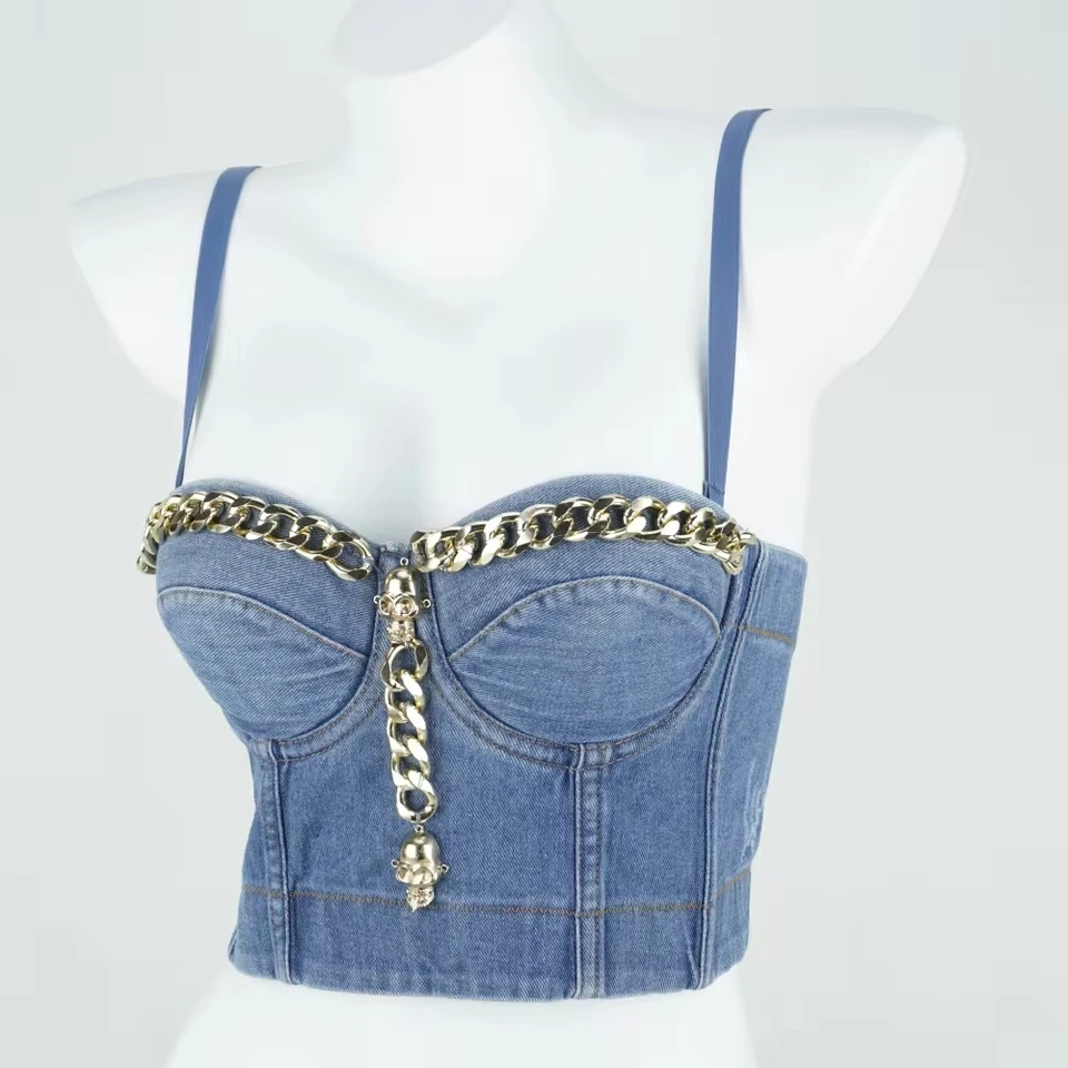 

Cowboy Hottie Fishbone Plunge Camisole Tops Women Short Neckless Slim Y2k Tops Chain Design Tank Top