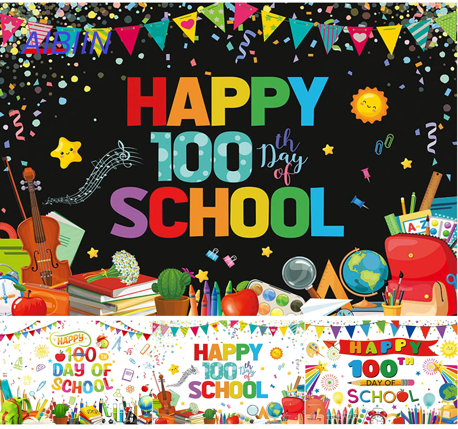 

AIBIIN Happy 100th Day of School Backdrop Colorful Pencils Books Bag Party Decor Background Student Portrait Poster Photozone